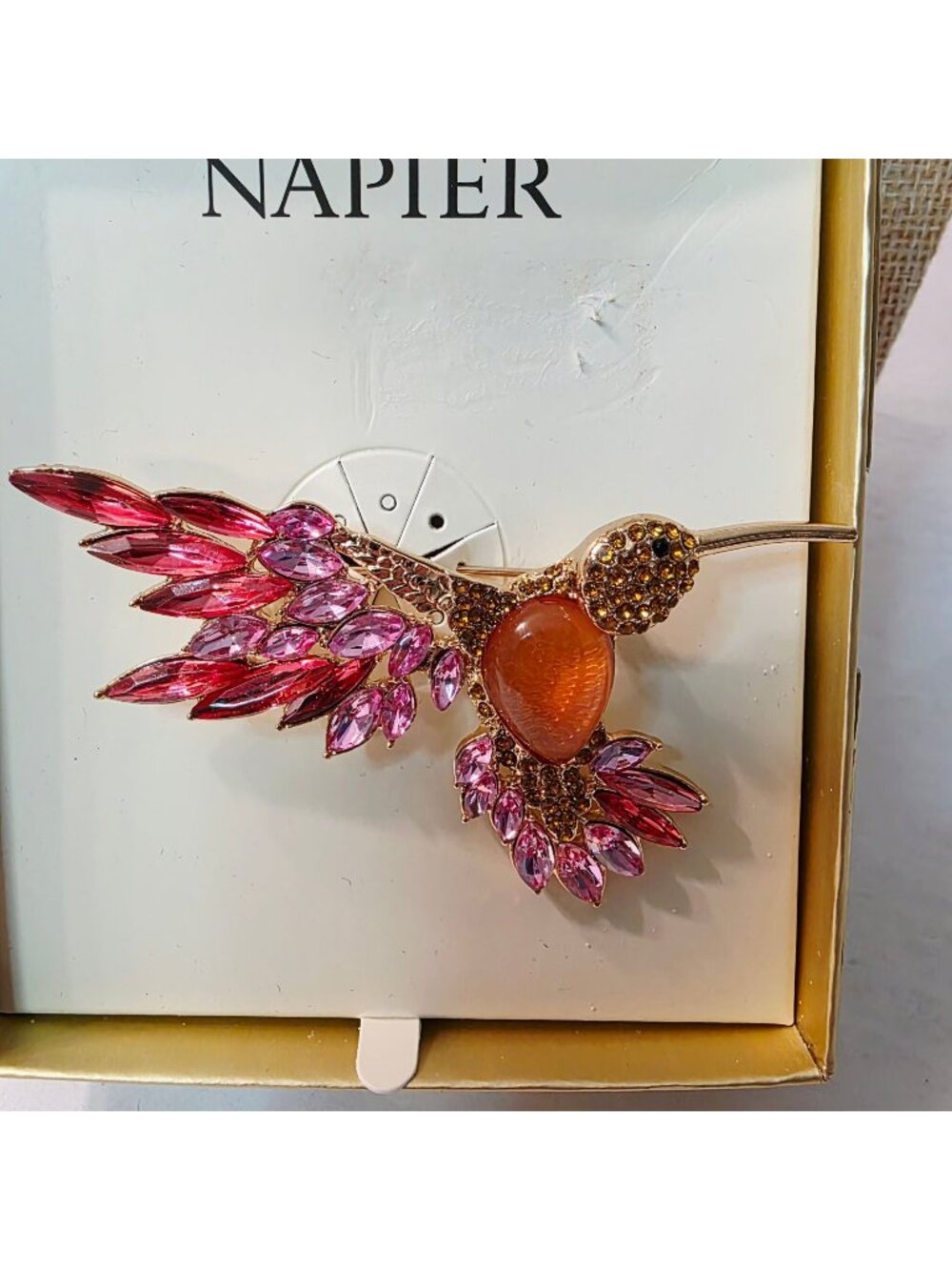 Napier Hummingbird in Flight Pink Orange Rhinestone Gold Tone Brooch Pin